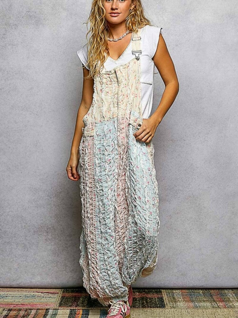 NWT POL Boho Floral Print Lace Trim Woven Front Zip Overall